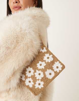 True Decadence - Perlenbesetzte Schultertasche in Gold mit Blumendetails-Goldfarben