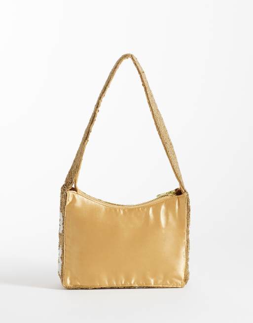 True Decadence – Perlenbesetzte Schultertasche in Gold mit Blumendetails, 4 von 4