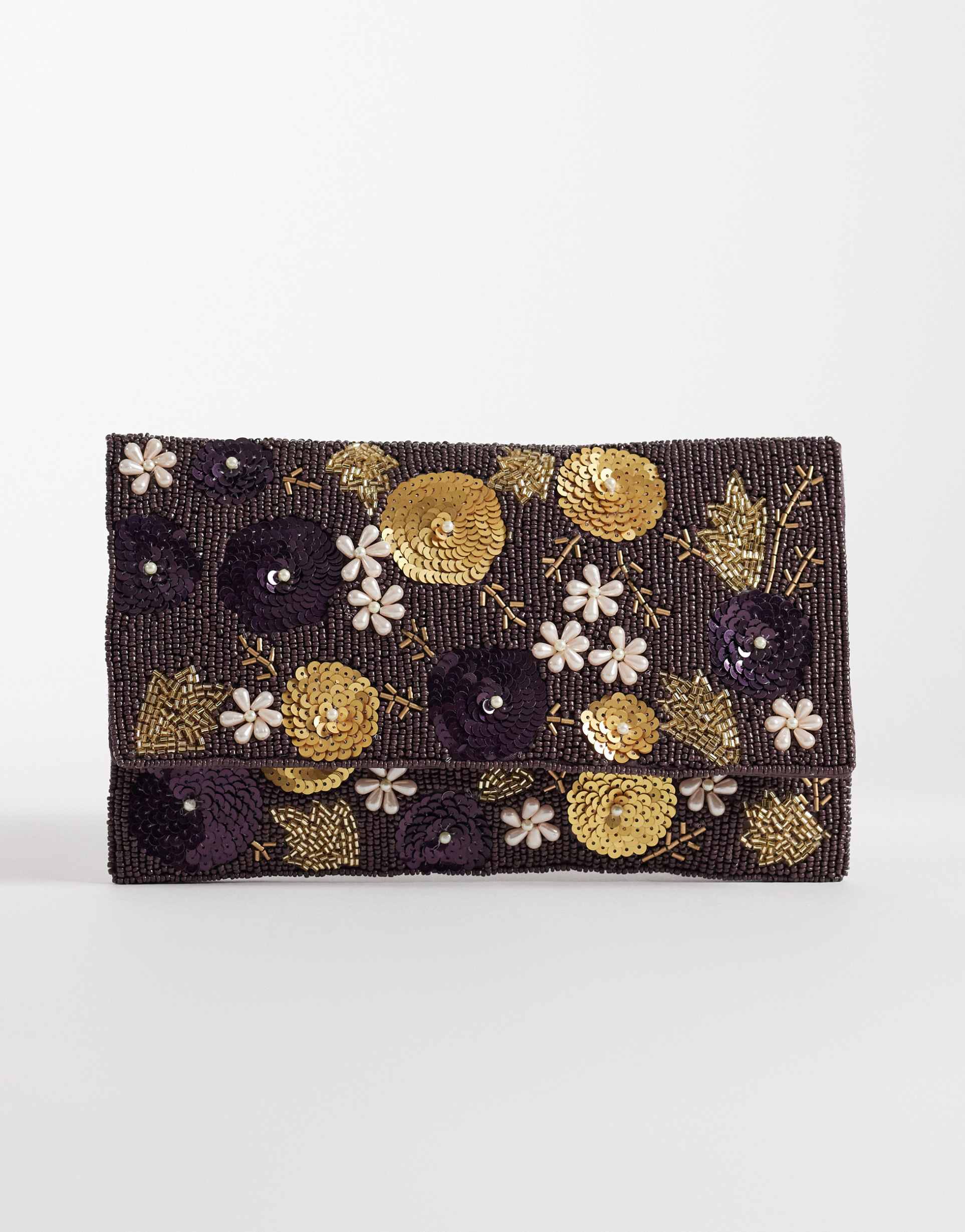 true decadence petal embellished clutch bag in dark purple
