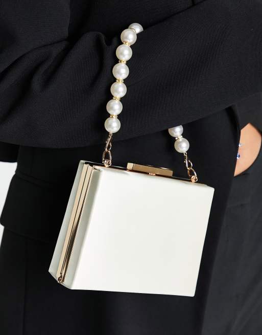 True Decadence - Petit sac à main carré en satin avec poignée en perles fantaisie - Blanc, 2 de 4