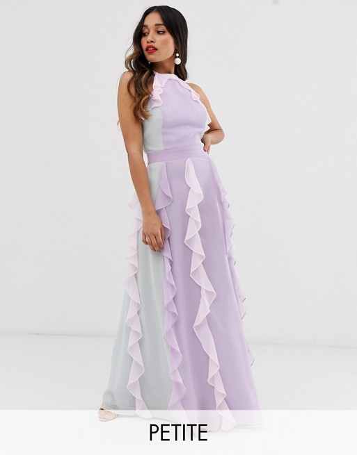 True Decadence Petite delicate halter neck maxi dress with waterfall skirt in tonal pastel