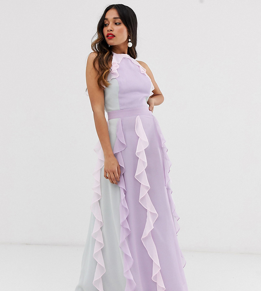 True Decadence Petite - Lange jurk met delicate halternek en waterval-rok in pastel kleurschakering-Multi