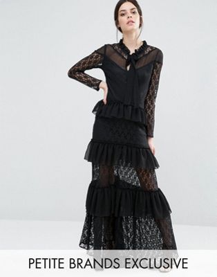 True Decadence Petite Long Sleeve Tiered Lace Frill Maxi Dress | ASOS
