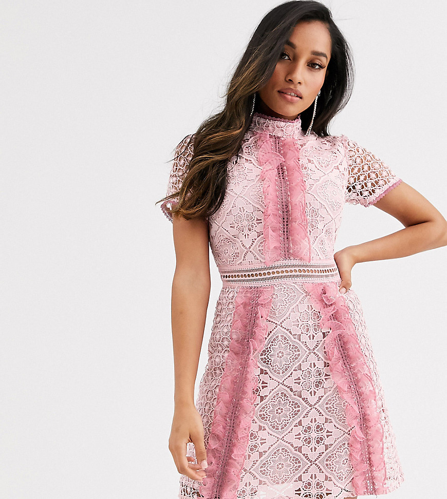True Decadence Petite - Mini-jurk met ruches aan de voorkant en contrasterend kant in roze