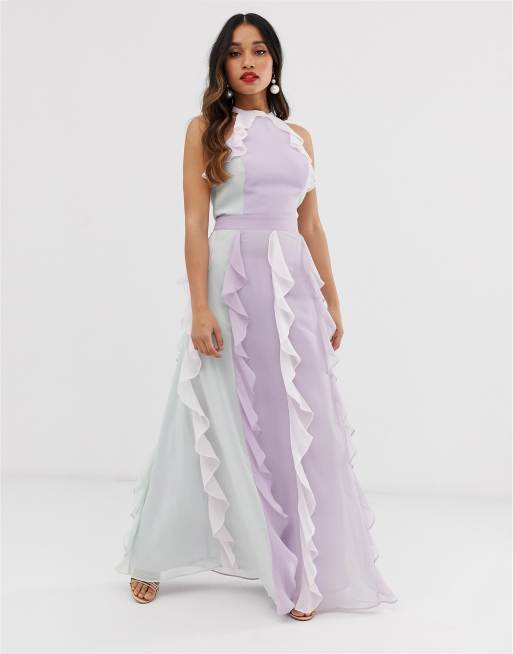 True Decadence Petite Robe longue d licate dos nu avec jupe effet cascade Pastel ton sur ton