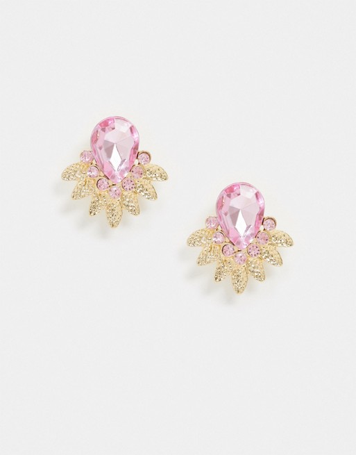 True Decadence pink crystal fan earrings in gold