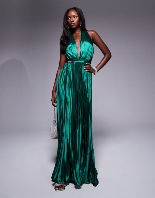 True Decadence Pleated halterneck maxi dress in emerald green