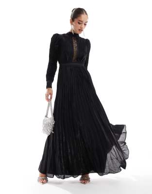 asos True Decadence Pleated long sleeve maxi-dress in black