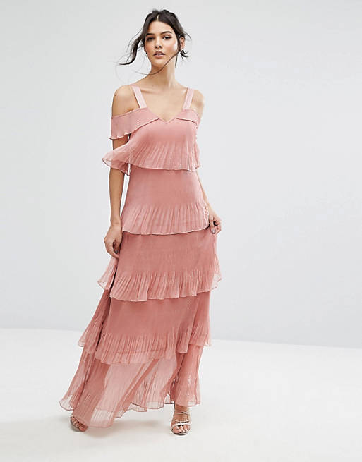 True Decadence Pleated Maxi Dress in Tiers and Cold Shoulder
