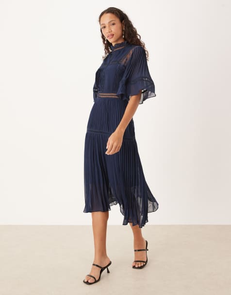 True Decadence Pleated midi dress in navy
