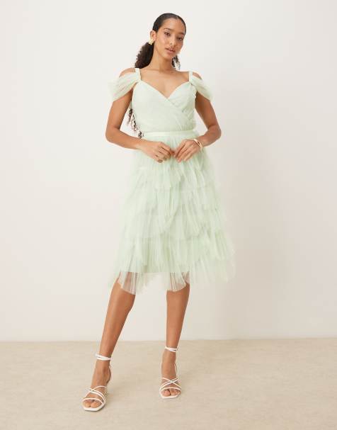 True Decadence Pleated petal midi dress in pale lime