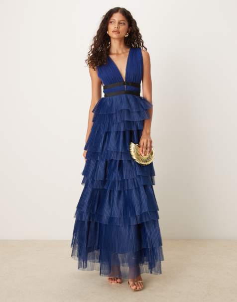True Decadence Pleated ruffles sleeveless maxi dress in dark navy