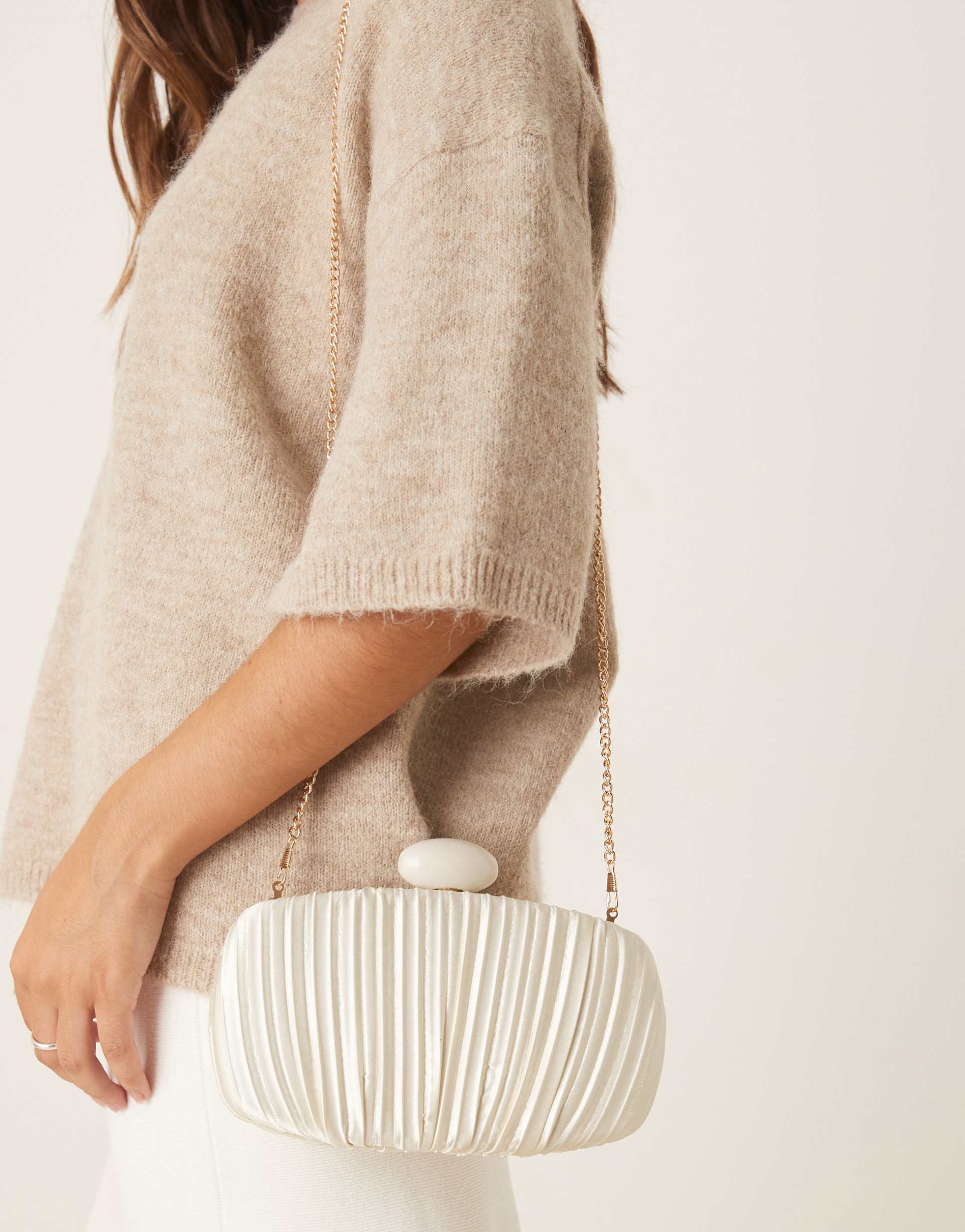 true decadence pleated satin clutch bag in cream