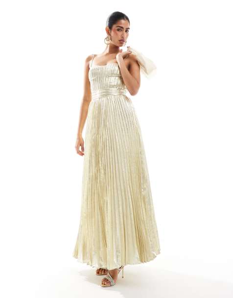 True Decadence Pleated strappy maxi dress in light gold - view 1