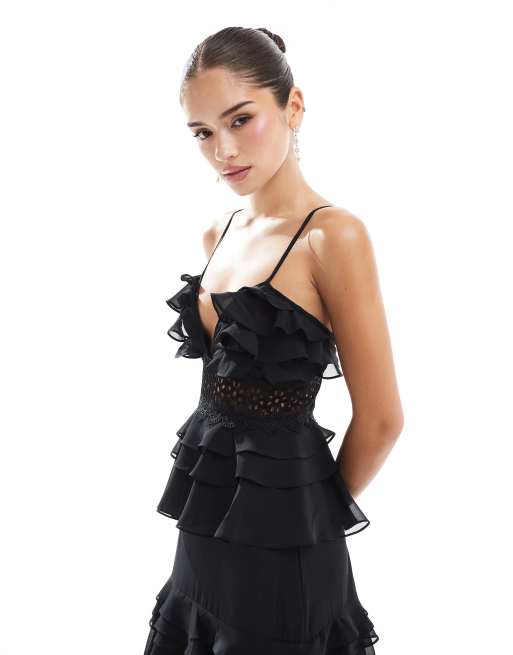 True Decadence Plunge front tiered ruffle maxi-dress in black, 2 of 4