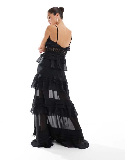True Decadence Plunge front tiered ruffle maxi-dress in black, 3 of 4
