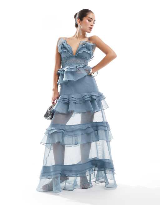 True Decadence Plunge front tiered ruffle maxi-dress in blue