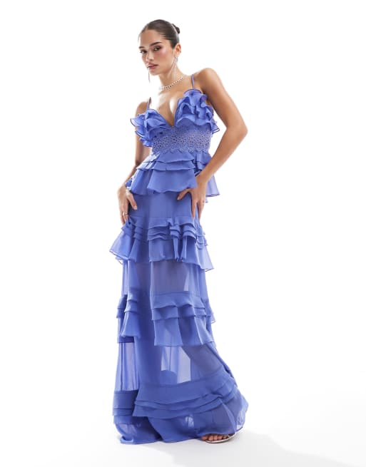 True Decadence Plunge front tiered ruffle maxi dress in blue