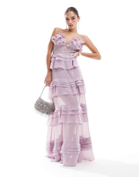 True Decadence Plunge front tiered ruffle maxi-dress in dusty lilac