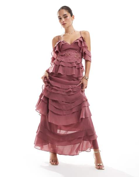 True Decadence Plunge front tiered ruffle maxi dress in rose