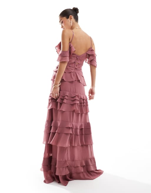 True Decadence Plunge front tiered ruffle maxi dress in rose ASOS
