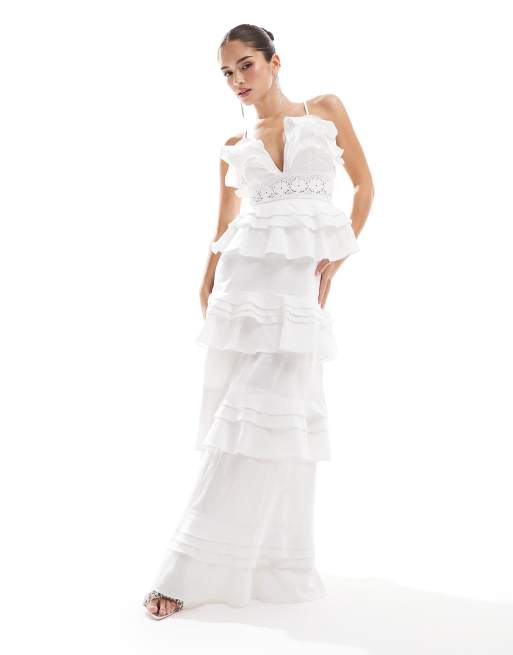 True Decadence Plunge front tiered ruffle maxi-dress in white