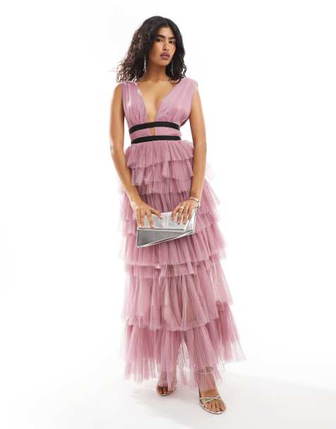 True Decadence Plunge front tulle layered maxi dress in dark pink - view 1