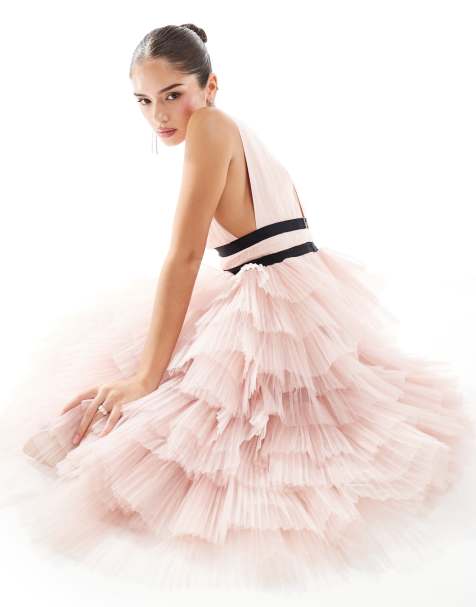 True Decadence Plunge front tulle layered maxi dress in soft nude - view 1