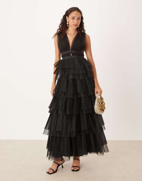 True Decadence Plunge front tulle layered midi dress in black