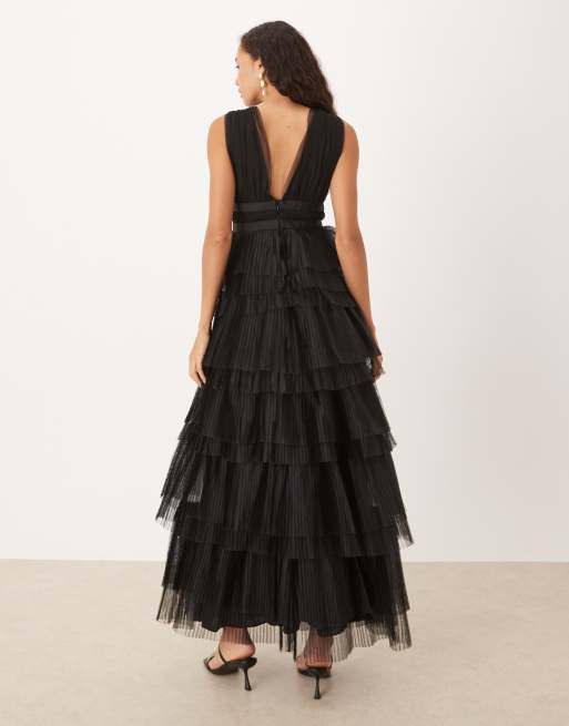 True Decadence Plunge front tulle layered midi dress in black, 2 of 4