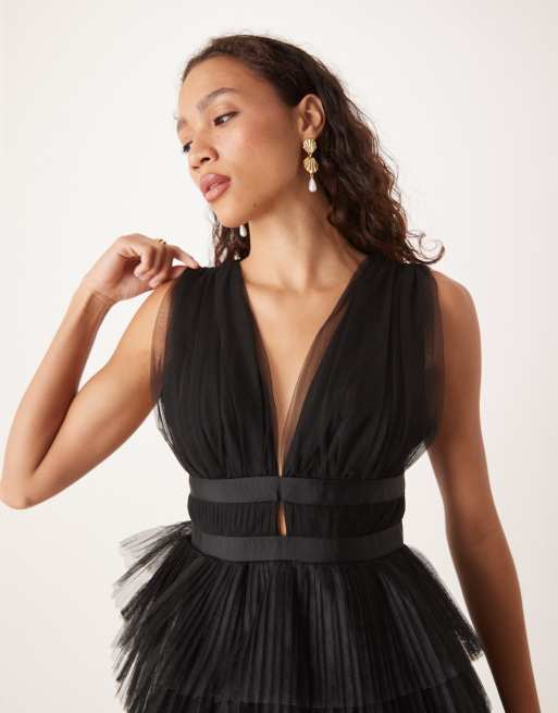 True Decadence Plunge front tulle layered midi dress in black, 3 of 4