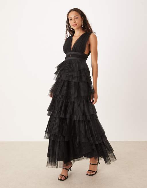 True Decadence Plunge front tulle layered midi dress in black, 4 of 4