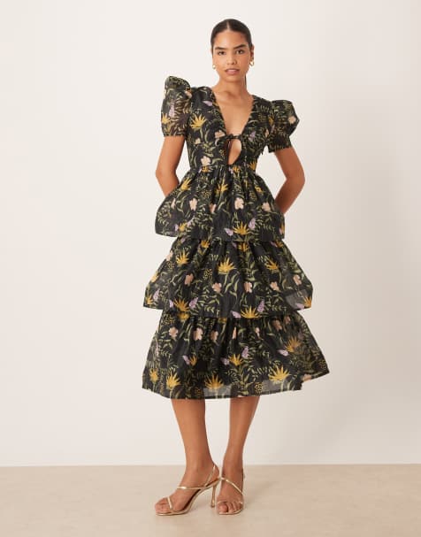 True Decadence Plunge neck tiered midi dress in black stem floral