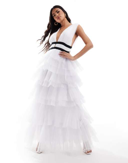 True Decadence Plunge Tulle Maxi Dress in White
