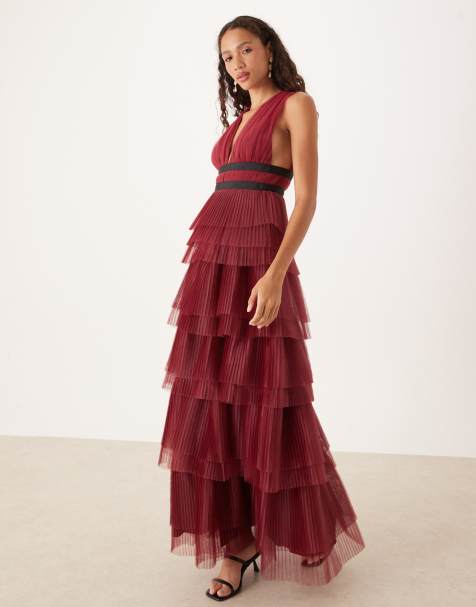 True Decadence Plunging neck layered tulle maxi dress in burgundy
