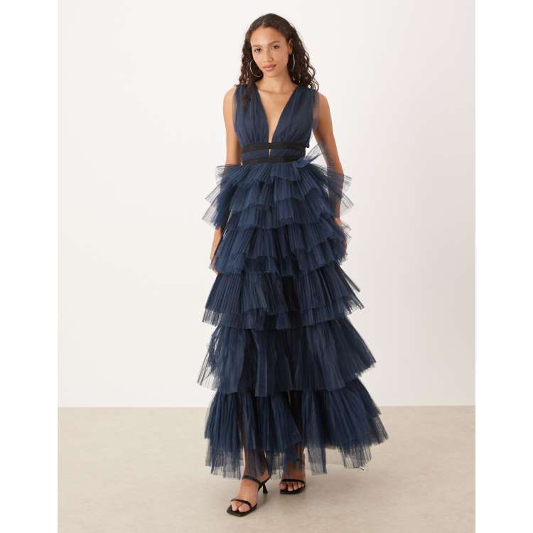 True Decadence Plunging neck layered tulle maxi dress in