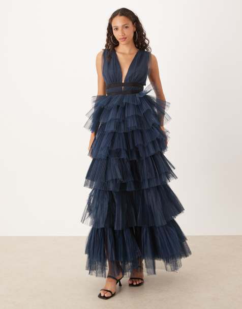 True Decadence Plunging neck layered tulle maxi dress in dark navy