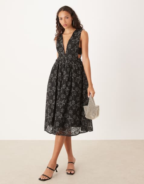 True Decadence Plunging neckline skater midi dress in black