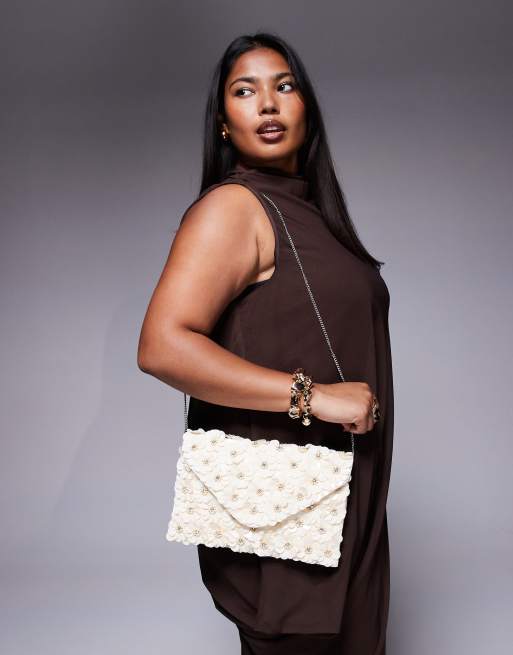 True Decadence - Pochette a busta con tracolla bianco sporco decorata con fiori 3D, 3 di 4