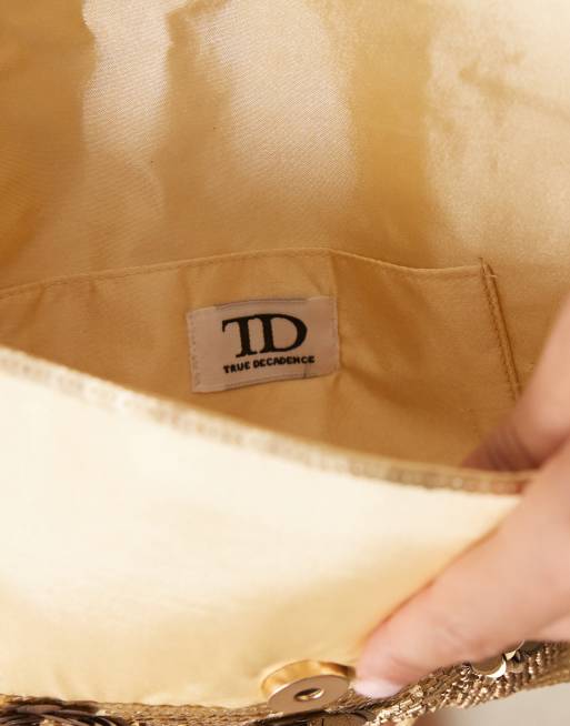 True Decadence - Pochette dorata a fiori con perline, 4 di 4