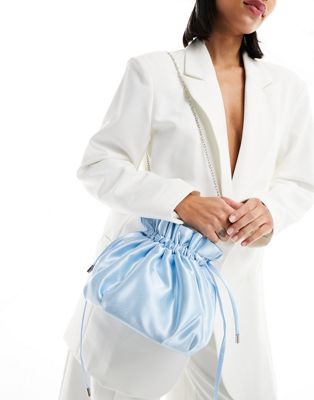 True Decadence Pouch Bag With Chain Strap In Light Blue Satin