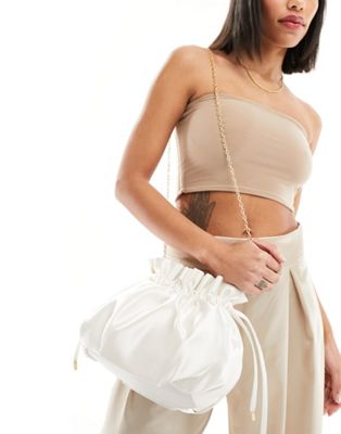 pouch bag with chain strap in off white satin
