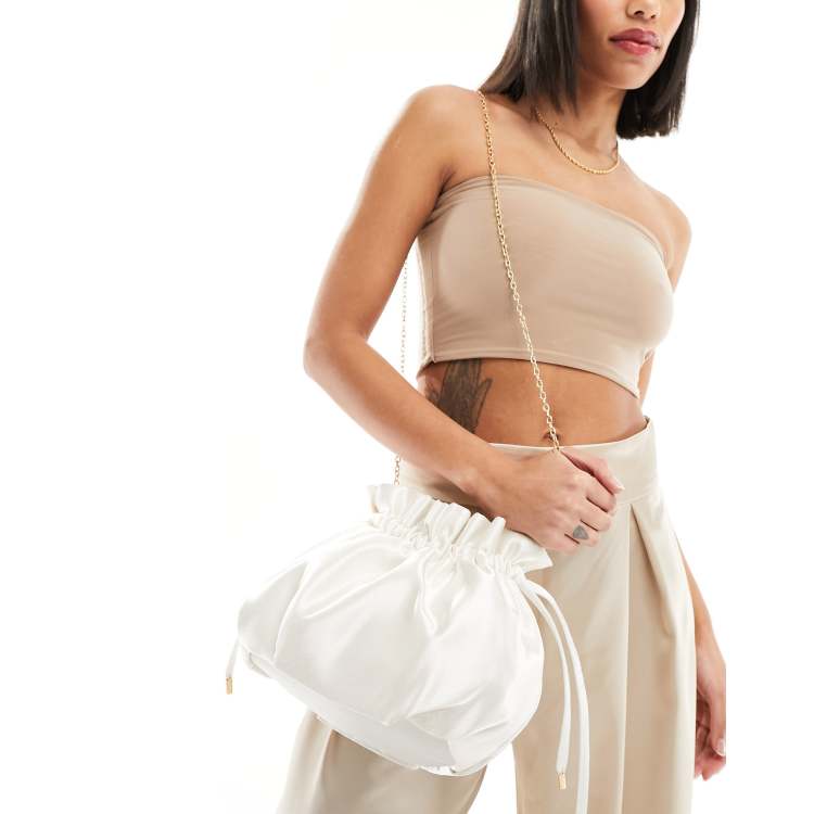 True Decadence pouch bag with chain strap in off white satin
