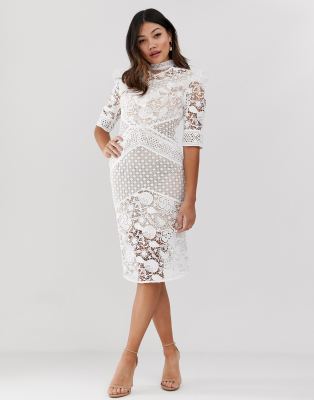 True Decadence premium all over cutwork lace contrast midi dress with ruffle yoke in white