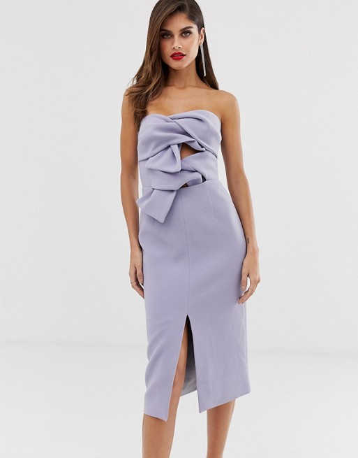 True Decadence premium double bow front midi dress with keyhole detail in soft lavender