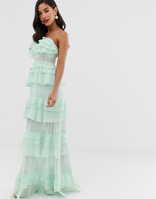 True Decadence premium frill layered cami maxi dress with lace insert in soft mint
