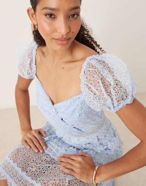 True Decadence Puff sleeve midi dress in light blue | ASOS