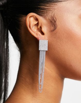 True Decadence rhinestone square earrings with tassel in silver