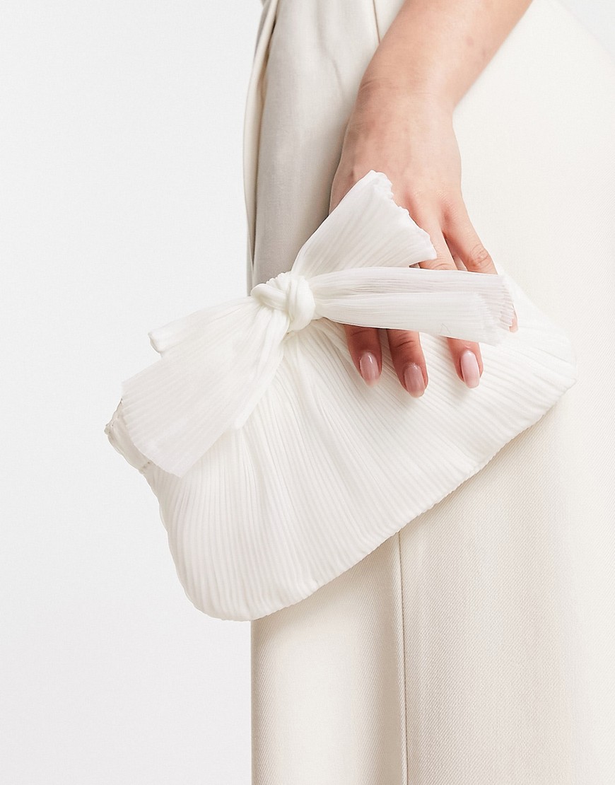 True Decadence ruched bow clutch bag in off white