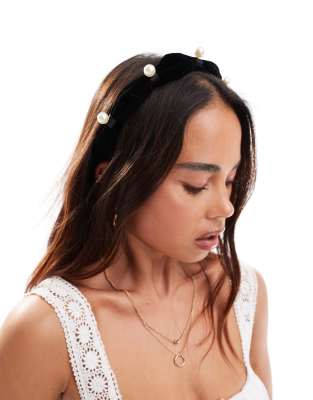 True Decadence True Decadence ruched headband with pearl embellishment in black